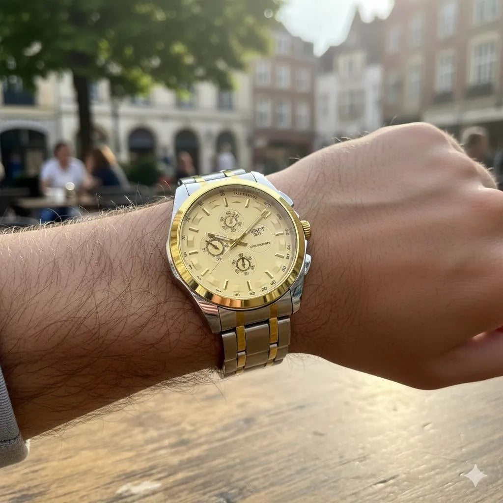 Luxury Men's Gold and Silver Chronograph Watch