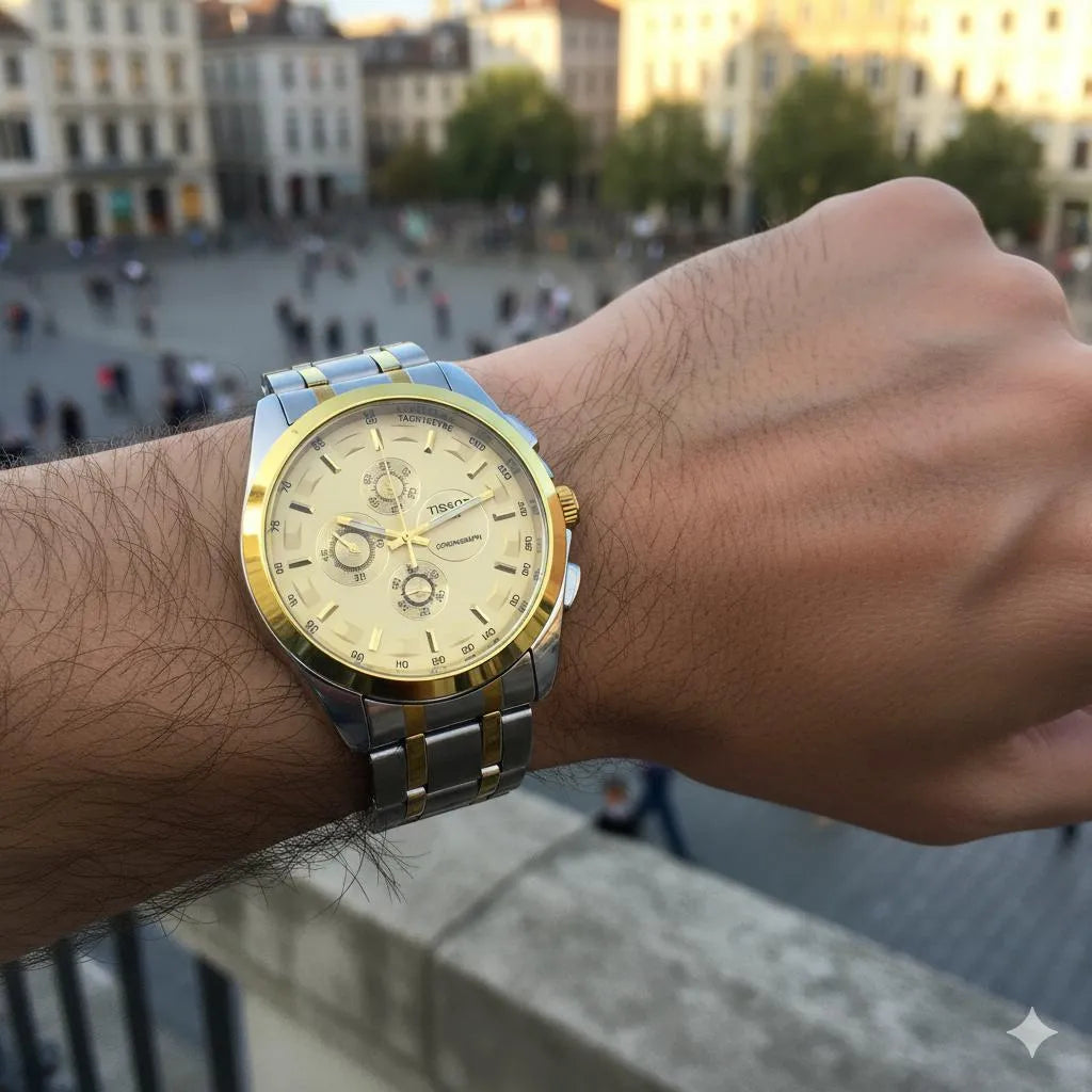 Luxury Men's Gold and Silver Chronograph Watch